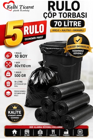 Kalın Çöp Torbası Jumbo Boy Siyah Çöp Poşeti 5 x 500 G