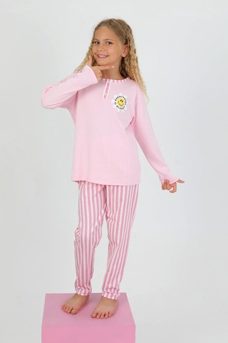 Kız Çocuk Uzun Kollu %100 Pamuklu Düğme Detaylı Pijama Takımı Alright Pembe