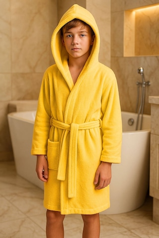 Genç Kız / Erkek Çocuk Kapşonlu Garson Boy Kadife Bornoz %100 Pamuklu Sarı