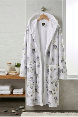 Soft Petal Pamuklu Desenli Kapşonlu Bornoz Beyaz Çiçekli