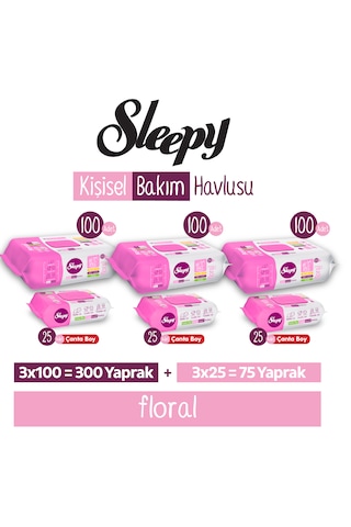 Sleepy Floral Kişisel Bakım Havlusu 3x100 300 Yaprak + Çanta Boy 3x25 75 Yaprak
