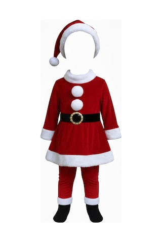 2 3 Yaş Kız Çocuk Noel Baba Kostümü Şapkalı Ve Kemerli Yılbaşı Elbise Seti Diğer