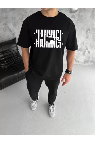 Veraura Lifestyle Unisex Bisiklet Yaka Katlanan Baskılı T-shirt - Siyah