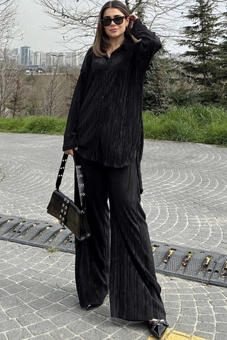 Kadın Siyah Uzun Tunik Gömlek & Beli Lastikli, Bol Paça Pantolon - Salaş Bürümcük Takım Siyah