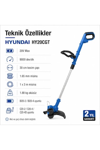 Hyundai Hy20cgt 20v Akülü Ot Biçme Ve Çim Kenar Kesme Makinesi Akü Ve Şarj Cihazı Hariç