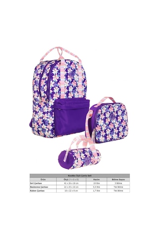 Kaukko Double Stripe Kız Çocuk İlkokul Üçlü Okul Çantası Seti - Mor - Çiçek Desenli Mor