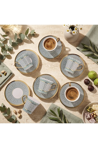 Aryıldız Kingham 12 Parça 6 Kişilik Kahve Fincan Takımı Yeşil 90 Ml Çok Renkli