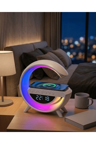Kablosuz Şarjlı Led Işıklı Masa Saati Bluetooth Hoparlör Alarm Fo Çok Renkli