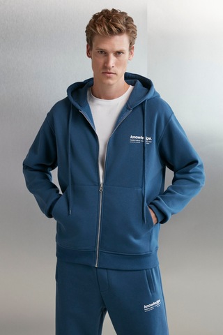 Grımelange Aksel Erkek Yumuşacık Organik Pamuk Oversize Fermuarlı Baskılı Kapüşonlu Mavi Sweatshirt Mavi
