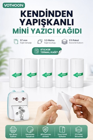Kendinden Yapışkanlı Çocuk Kamera Baskı Kağıdı, 5 Li Rulo 57x25mm Baskı Termal Kağıt Rulo