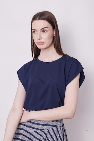 Jument Şık Likralı Span Kumaş Kolsuz Geniş Sıfır Yaka Düşük Omuzlu Basic Tshirt Bluz-lacivert Lacivert