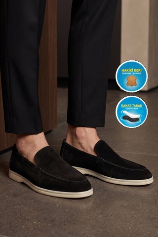 Komcero Siyah Hakiki Deri Şık Rahat Espadril Erkek Casual Ayakkabı Loafer 6k020-217