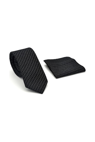 Gaffy Beyaz Kırcıl Desenli Siyah Dokuma Kumaş Mendilli Slim Fit Kravat // Sdk-2504-1 Siyah