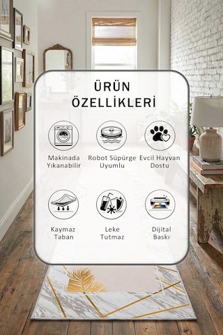 Ottova Salon Mutfak Yatak Odası Yıkanabilir Yolluk Krem