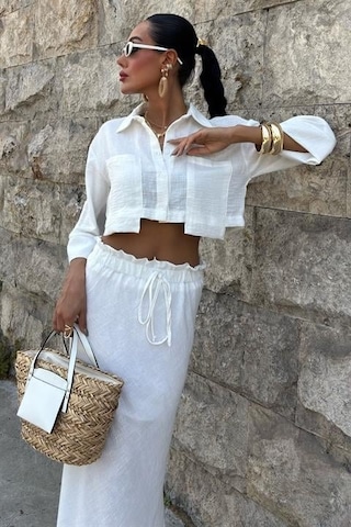 Crop Gömlekli Ve Eteği Büzgülü Tasarım Takım 10201 Beyaz