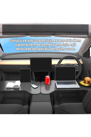 Polham Tesla Model 3 Ve Model Y İle Uyumlu Araç İçi Çalışma Masası, Bardaklı, Telefon Standlı Tepsi