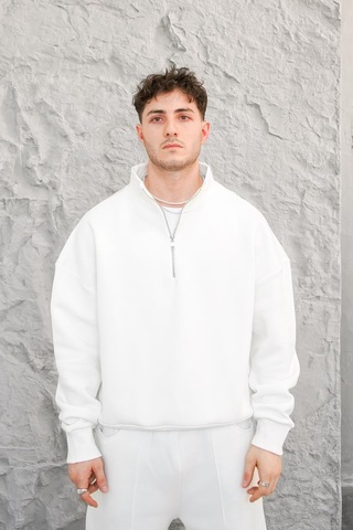 Beyaz Cozy Basic Yarım Fermuar Oversize Sweatshirt Beyaz