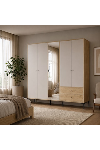 Madrid 5 Kapılı 2 Çekmeceli Aynalı Gardırop Florida Meşe - Vizon 207x201x51 Cm