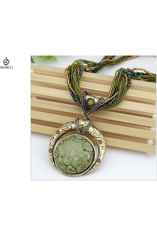 El Dokuması Bohem Pirinç Boncuklu Retro Etnik Tarzda Yuvarlak Değerli Taş Kolye Yeşil