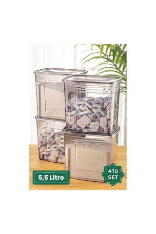 Meleni Home 4'lü Set - 5,5 Litre Jumbo Lena Toz Tablet Deterjan Saklama Kabı - Etiketli Kapaklı Saklama Kutusu