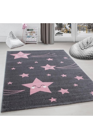 Sevimli Yıldız Star Desenli Çocuk Halısı Gri Pembe Gri - Pembe