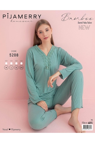 Pijamerry Kadın Dantel Yaka Bambu Uzun Kol Pijama Takımı 5208 - 1 Adet Yeşil