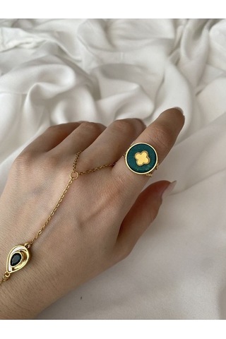 Vintage Gold Yonca Detaylı Yeşil Kararmaz Ayarlanabilir Çelik Yüz Altın