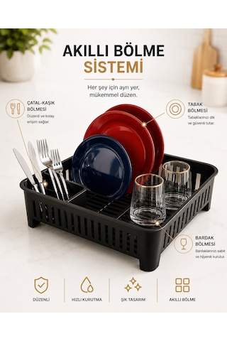 Sas Haus Bulaşıklık Tezgah Üstü Tabak Bardak Kurutmalık Plastik Bulaşık Sepeti 33x41 Cm Siyah S-10567