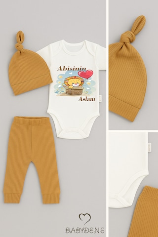 Babyden's Abisinin Aslanı Yazılı 3 Lü Bebek Takımı %100 Pamuklu Çıtçıtlı Zıbın, Şapka Ve Fitilli Pantolon Set Kahverengi
