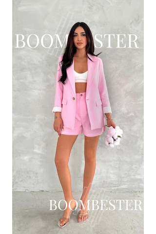 Boombester Kadın Flam Keten Astarlı Blazer Ceket Çizgili Astar Detay Rahat Kalıp İnce Ceket Pembe