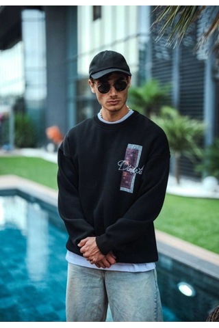 Suma Uzun Kol Bisiklet Yaka Ön Ve Arka Baskılı Sweatshirt - Siyah