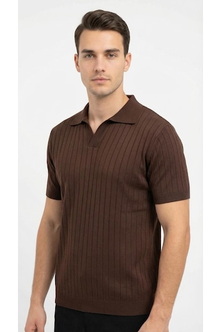 Erkek Polo Yaka Slim Fit Triko Tişört Dikey Çizgili Modern Yazlık Triko Kahverengi