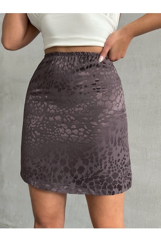 Kadın Desenli Saten Etek Kahverengi