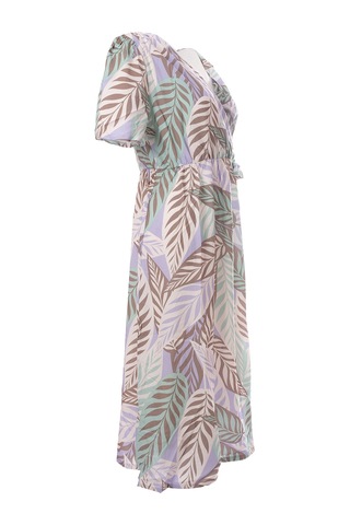 Canel V Yaka Midi Şifon Elbise - Bohemian Tarzı Yaprak Desen Çok Renkli