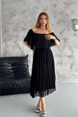 Dip Moda Kadın Astarlı Piliseli Şifon Elbise Dpk2099 Siyah