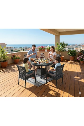 Tuna Modern Antrasit Gri Rattan 4 Kişilik Yuvarlak Masa Ve Sandalye Takımı Minderli Bahçe Balkon Mobilyası Antrasit