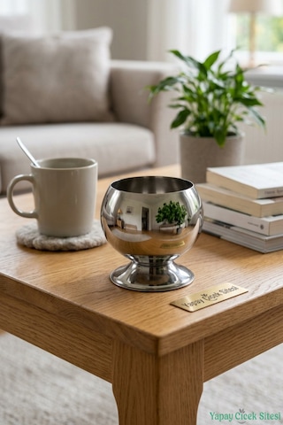 Yapay Çiçek Sitesi Metal Dekoratif Küre Saksı 12 Cm Gümüş