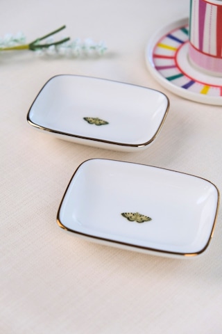 Tabak Evi Kelebek Altın Yaldızlı Dikdörtgen Kayık Tabak 10x7x2cm 2 Li Çok Renkli
