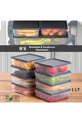 Porsima 1169 8li Buzdolabı Organizer Mikrodalga Ve Derin Dondurucu Buzluk Bakliyat Saklama Kabı - Antrasit