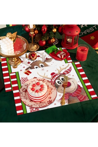 4/6/8 Adet Elk Deer Baskılı Amerikan Servisi Dikdörtgen Noel Kardan Adamı Ağaçları Yemek Masası Mutfak Dekoru İçin Keten Kaymaz Masa Paspasları 6,4 Adet-32x42 Cm Diğer