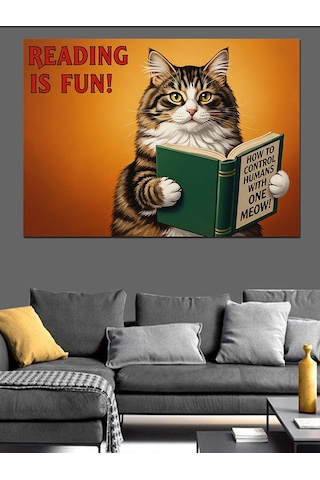 Şapkalı Kitap Okuyan Kedi Dekoratif Kanvas - Mdf Ahşap Tablo