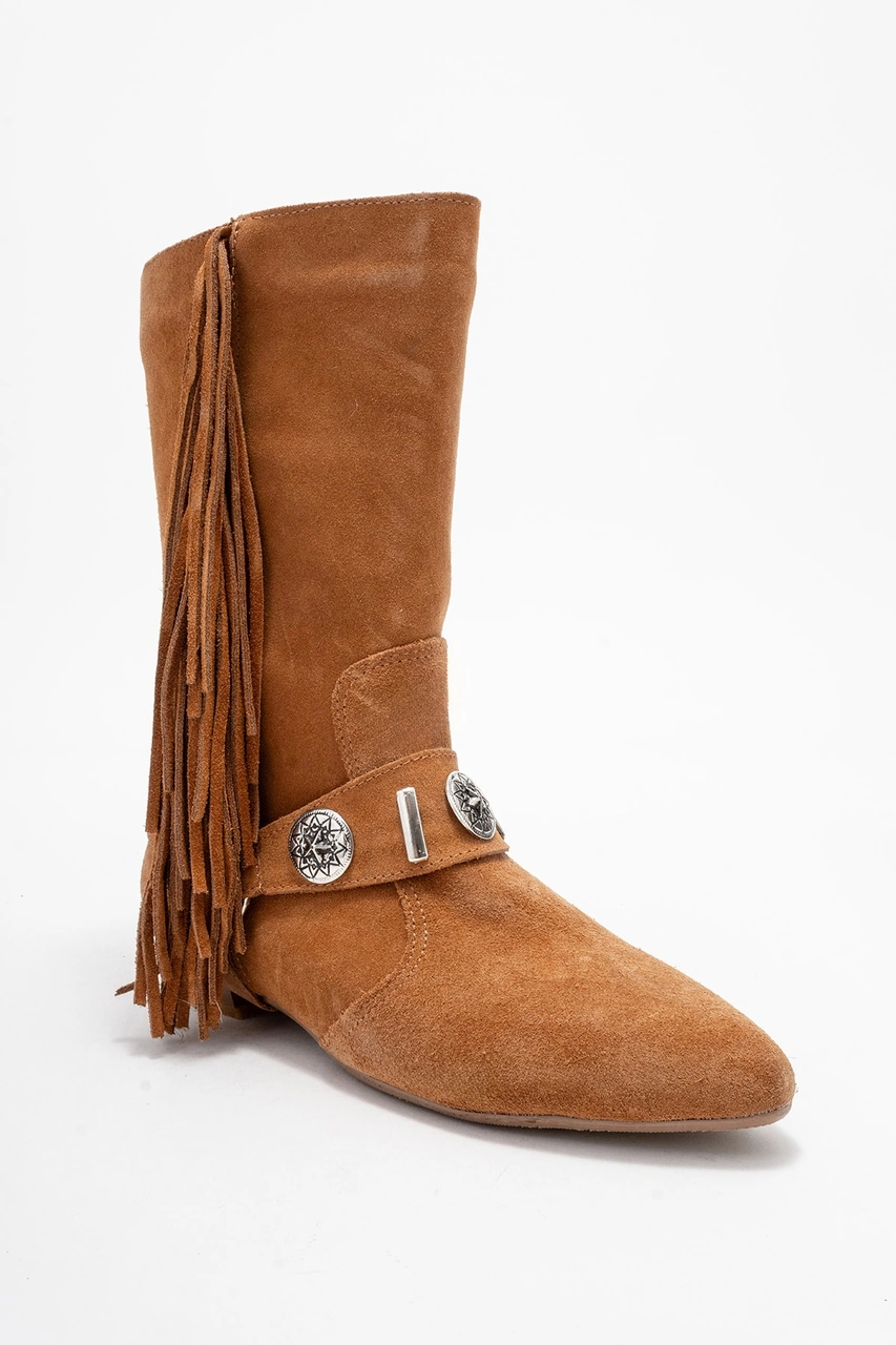 Luvishoes Luvi Shoes Selora Taba Süet Püsküllü Hakiki Deri Tokalı Kadın Western Bot Taba Süet