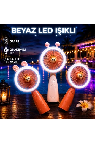 Vıp Yüksek Kalite 3 Adet Mini El Fanı Şarjlı El Fanı Beyaz Led Işıklı 2 Kademe Hız Tatilde Plajda