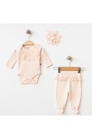 Işıl Baby Dantel Detaylı Kız Bebek Body & Patikli Alt Takım Pudra