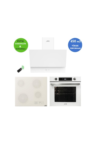 Alveus Afm Serisi Lugan Vitro FM7701 + V6-05 + FM3401W Elektrikli Cam Beyaz Ankastre Set