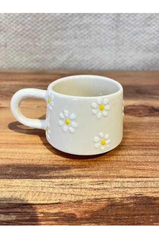 Bulut Papatya Desenli El Yapımı Seramik Kupa, Mug, Türk Kahvesi