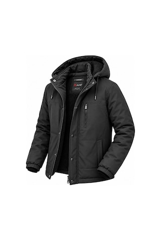 Classics Men Büyük Beden Outdoor Kapüşonlu Su Ve Rüzgar Geçirmez Kapitone İçi Kürklü Elyaf Dolgulu Softshell Mont 7824 Siyah