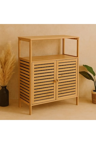 Go İthalat Çok Amaçlı Dolap Ahşap Bambu Organizer Raflı 66x33x85cm