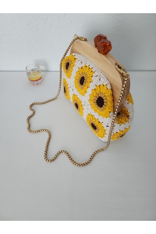 Fikriharika Design Ayçiçeği Motifli Ahşap Burslu El Çantası Çok renkli