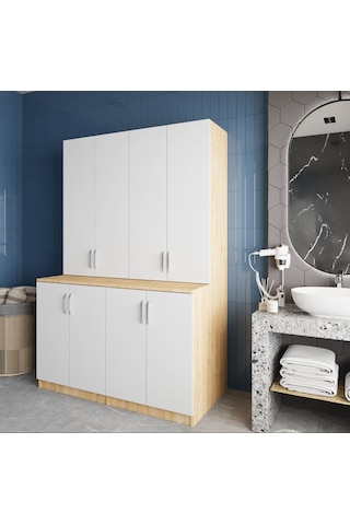Maven Çamaşır Ve Kurutma Makinesi Dolabı Banyo Dolabı Meşe Beyaz Meşe - Beyaz
